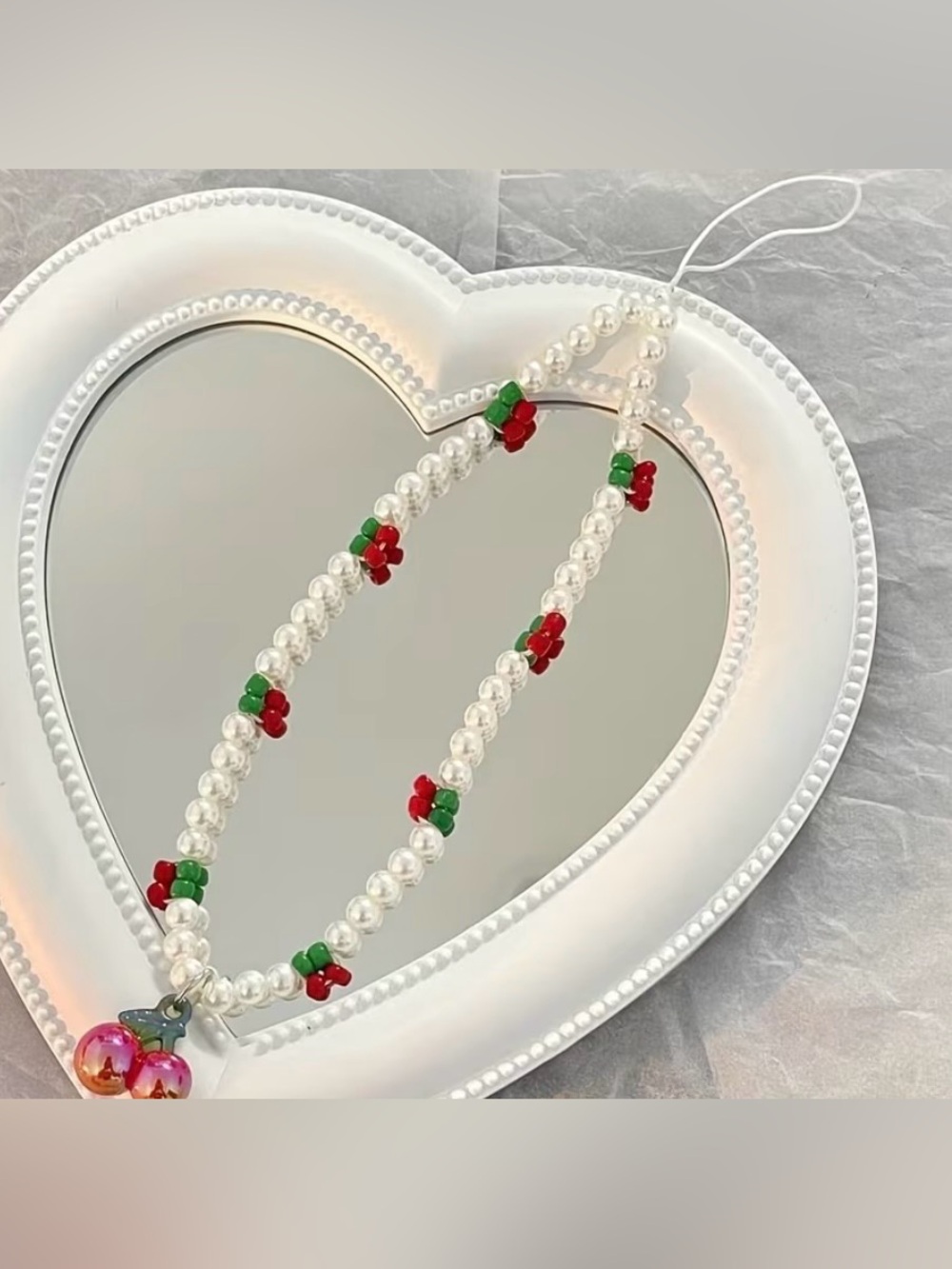 Delicate Pearl Beaded Necklace with Red & Green Accents